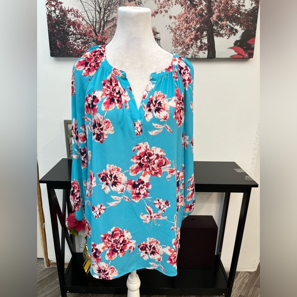 The Pioneer Woman   Tunic Top Blouse V Neck Semi- Sheer Size M Floral 3/4 Sleeve - Picture 6 of 15